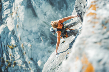 A rock climber ascends a sheer cliff, fingertips clinging to tiny handholds.