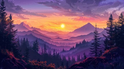 Against the backdrop of a vibrant sunset sky, the silhouette of majestic mountains is adorned with lush forests and rugged rocks, painting a stunning panorama.