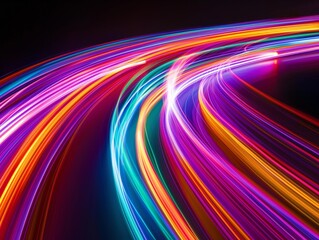Colorful light streaks curve gracefully against a dark background.