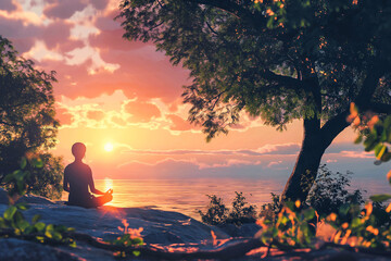 A serene yoga practitioner meditating in a peaceful natural setting, the tranquil beauty of the sunset casting a serene glow over the scene as they find balance and inner peace.