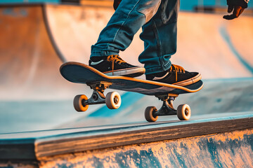 A skateboarder executes a daring trick in a concrete skate park.