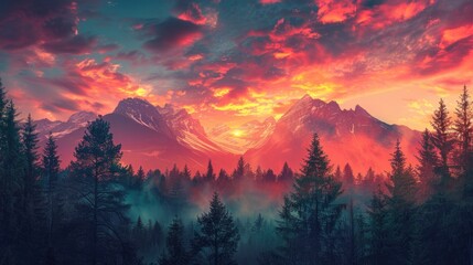 Against the backdrop of a vibrant sunset sky, the silhouette of majestic mountains is adorned with lush forests and rugged rocks, painting a stunning panorama.