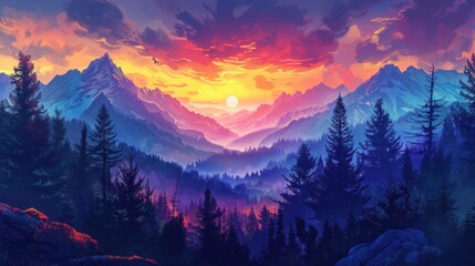 Against the backdrop of a vibrant sunset sky, the silhouette of majestic mountains is adorned with lush forests and rugged rocks, painting a stunning panorama.