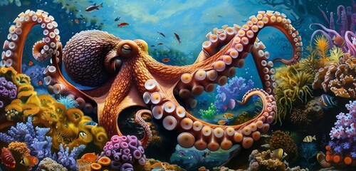 An octopus gracefully gliding through crystal-clear waters, its tentacles swirling elegantly behind...