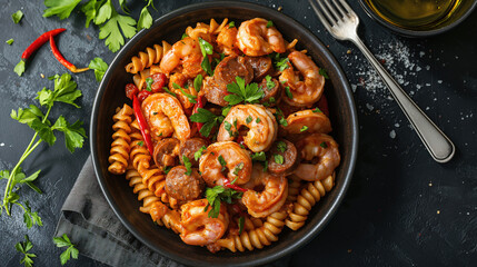 Fusilli pasta with shrimps and sausage in tomato sauce on dark background, top view. traditional...