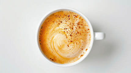 a frothy cappuccino in a white cup, top view