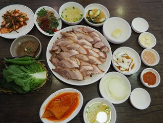 Plate of Jokbal (cold tossed pork hocks) (braised pig's trotter) - a local delicacy of Busan,...