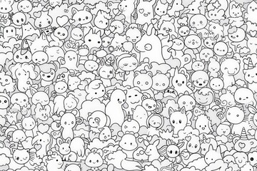 Fototapeta premium A delightful assemblage of cute kawaii characters waiting to be brought to life with color.