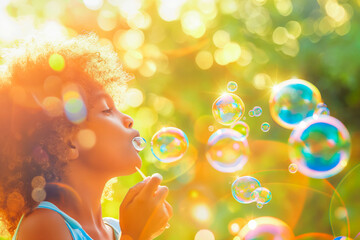 A carefree Afro-American child blowing bubbles in a sun-drenched backyard, the iridescent spheres sparkling in the brilliant sunlight.