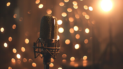 Close up of microphone in concert hall with blurred lights at background