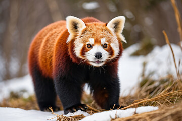 Fototapeta premium cute red panda in snowy forest