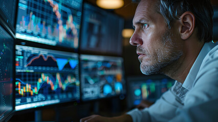 Market Insight: Data Analyst Analyzing Financial Trends on Multiple Monitors, Exploring Market Insights Amidst Monitors