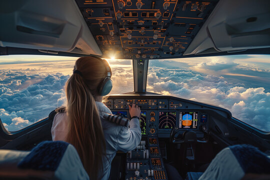 Woman pilot wearing headset is sitting in airplane cockpit