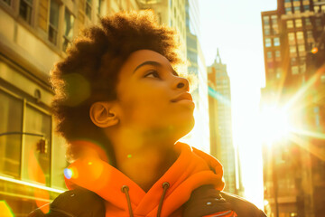 An adventurous Afro-American teenager exploring the city streets in the bright afternoon sun, their curiosity piqued by the high-key urban landscape.