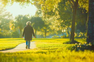 An elderly Hispanic woman taking a morning stroll through a tranquil suburban park, embracing the peace and quiet of the natural surroundings.
