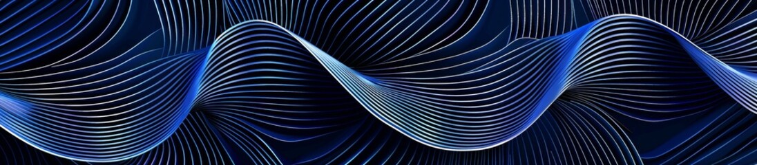 dynamic abstract design with flowing blue lines on a dark background, resembling digital waves or sound frequencies
