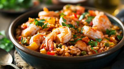  bowl of traditional jambalaya, featuring shrimp and rice in an exotic medley with colorful vegetables, capturing the essence of New Orleans cuisine