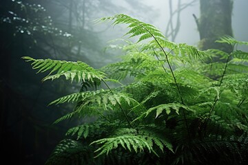 Close-up of ferns in a foggy forest.