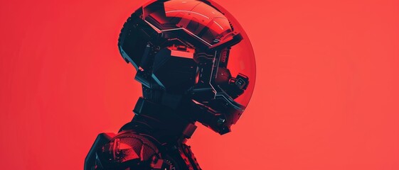 Futuristic red robot with advanced armor, set against a vivid red background, showcasing cutting-edge technology and design