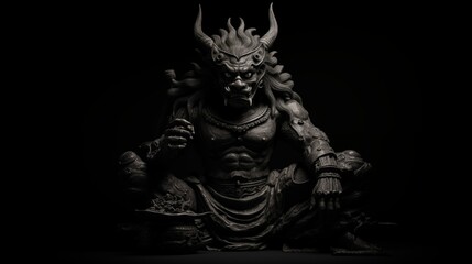 Black and White Illustration of an Oni on a Black Background