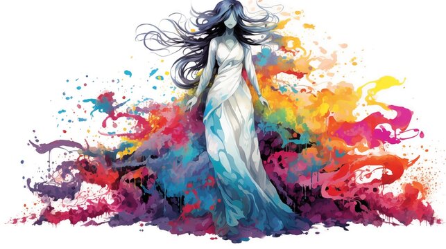 Abstract Colorful Illustration of a Yuki Onna on a White Background