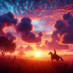 Fototapeta premium silhouette of a cowboy riding into the sunset