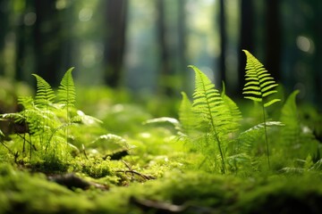 Ferns with a blurred background of a forest floor.