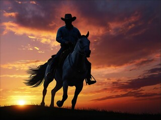 silhouette of a cowboy riding into the sunset