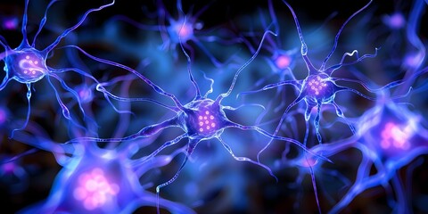 Blue banner featuring nerve cell system with synapses biology background concept. Concept neuroscience, biology background, synapses, nerve cell system, blue banner