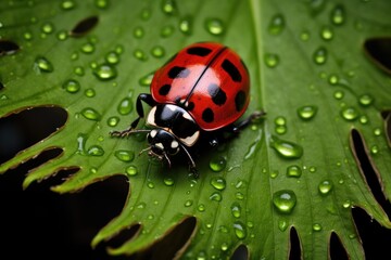 Macro shot of a ladybug on a fern frond.