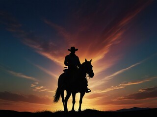 silhouette of a cowboy riding into the sunset
