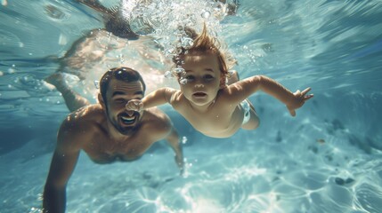 Joyful underwater scene of a father and his baby swimming together, showcasing playful and tender family moments