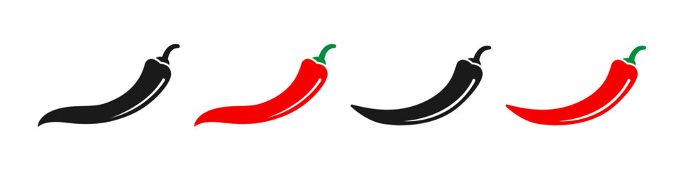 Chili pepper icons set. Spicy chili hot pepper. Red and black symbol. Vector illustration