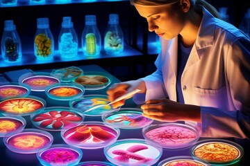 Laboratory researcher examining cultures in petri dishes to study the cellular mechanisms of inflammatory responses - obrazy, fototapety, plakaty