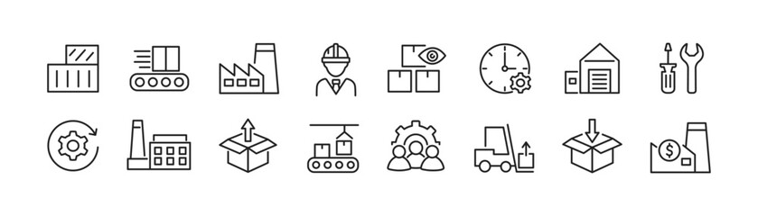 Industry icon set. Factory, manufacturing line icons. Production process. Worker. Vector