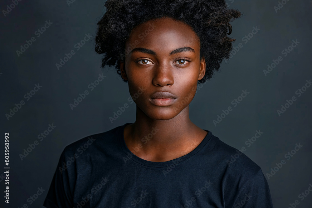 Wall mural Black woman with curly hair in dark blue t-shirt against dark grey graphite background, copy space