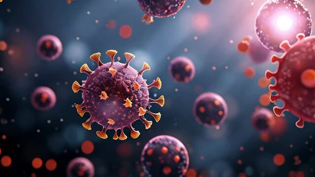 Scientific study from a fluorescent microscope of immune cells attacking a virus in the human body