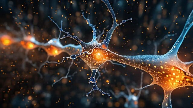 cells of the human brain, on which a complex network of neurons and synapses is highlighted