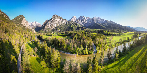 Panoramic view of Gesäuseeingang as entry of the Gesäuse Nationalpark in Styria and river Enns. Breathtaking mountain landscape from Austria.