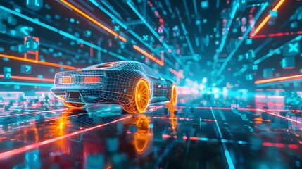 A futuristic wireframe car concept cruises along the road against a sleek, modern cityscape backdrop.  Highlights a unique, custom-designed car model that is innovative and visually striking