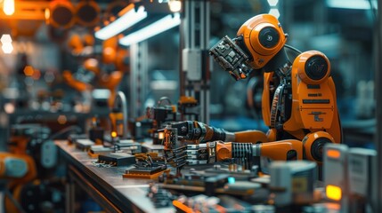 Fototapeta premium In the bustling electronics factory, Midjurney bot, the skilled electrical engineer, focuses on assembling intricate components. Realistic.