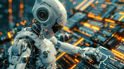 Fototapeta premium In the heart of innovation, Midjurney bot, the proficient electrical engineer, showcases their expertise by assembling components.