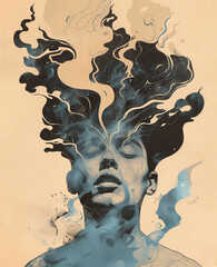 Person face with smoke from his head illustration - obrazy, fototapety, plakaty