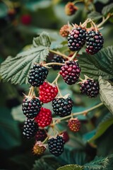 Blackberries grow in the garden. Ripe and unripe blackberries on bush Generative AI,