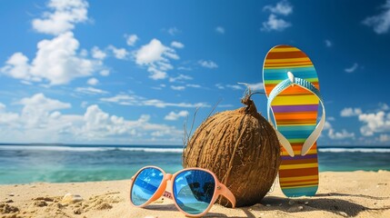 A coconut, sunglasses, and a colorful pair of sandals sit on the sand next to the ocean
 - Powered by Adobe