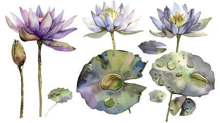 Botanical watercolor illustration set of water lily with dew drops on white background.
