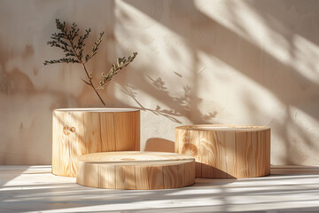 3d Wood podium, composition in minimal design. Platforms for product display presentation. Stage showcase, Mockup