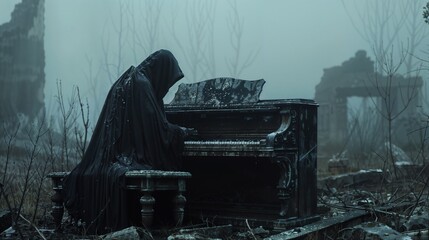 Mysterious figure at abandoned piano in foggy landscape