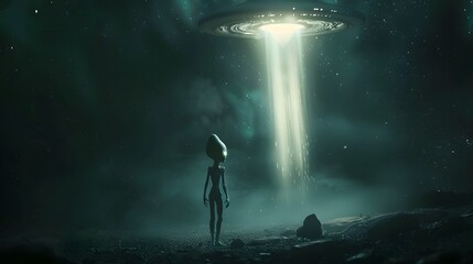Alien. A figure of an alien is standing in front of a flying saucer that is beaming down light