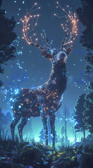 Illustrate a chrome-plated deer drone, towering majestically in a lush forest clearing, its circuit-patterned antlers glowing under a canopy of stars
